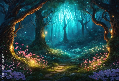 A magical forest with glowing flowers and trees