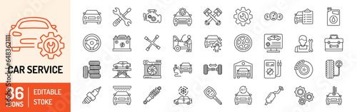 Car Service editable stroke outline Icons set. Service, repair, engine, battery, wheel, diagnostic, mechanic, automobile, maintenance and garage. Vector illustration