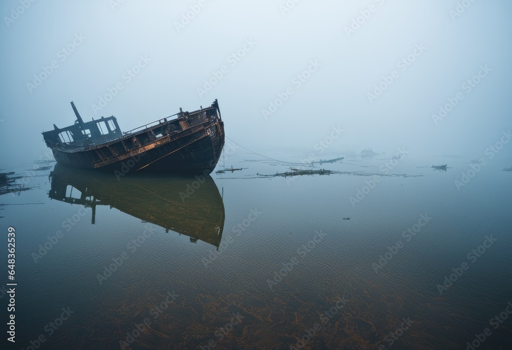 A murky lake with a sunken ship.
