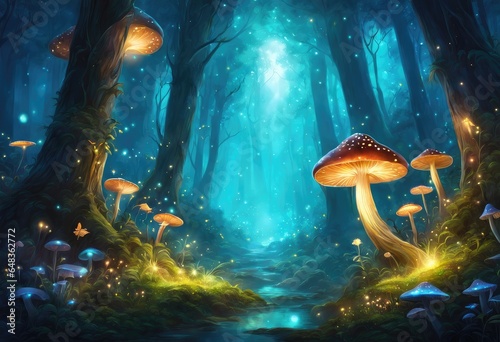 A mystical forest with glowing mushrooms and fireflies.