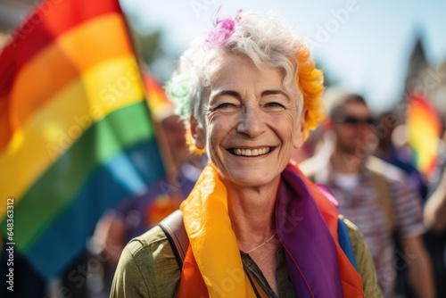 Smiling portrait of a caucasian senior non binary or agender person at a pride parade in the city