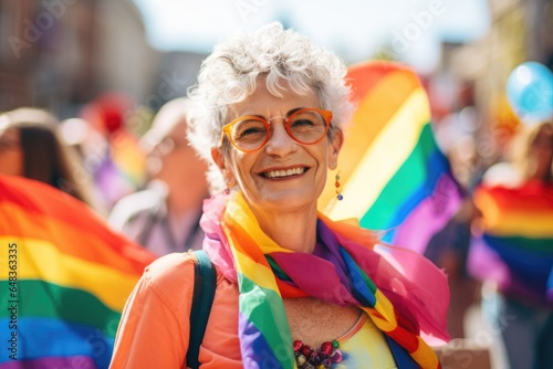 Smiling portrait of a caucasian senior non binary or agender person at a pride parade in the city photo