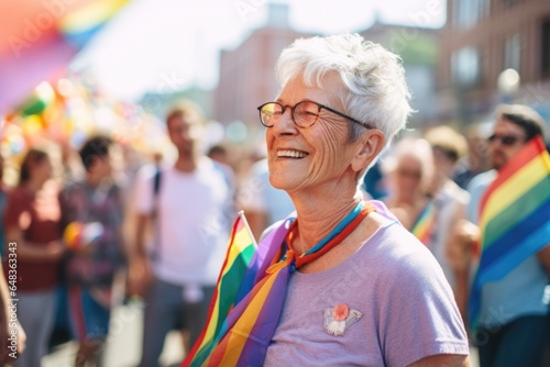 Smiling portrait of a caucasian senior non binary or agender person at a pride parade in the city photo