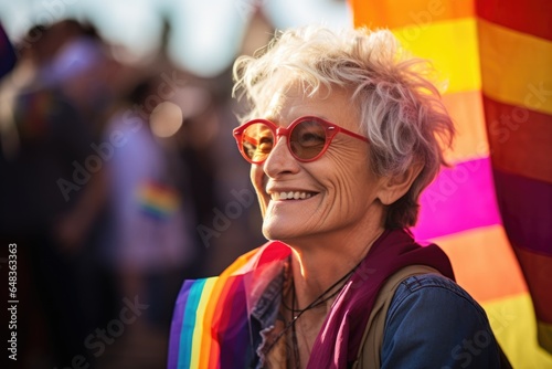 Smiling portrait of a caucasian senior non binary or agender person at a pride parade in the city