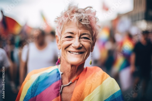 Smiling portrait of a caucasian senior non binary or agender person at a pride parade in the city photo