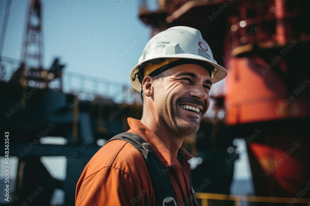 Smiling portrait of a middle aged male oilrig worker working on an oilrig on the pacific ocean Smiling portrait of a middle aged male oilrig worker working on an oilrig on the pacific ocean