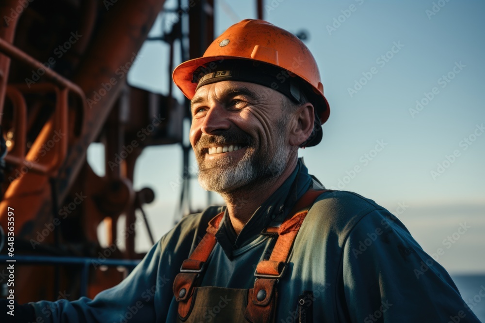 Smiling portrait of a middle aged male oilrig worker working on an oilrig on the pacific ocean Smiling portrait of a middle aged male oilrig worker working on an oilrig on the pacific ocean