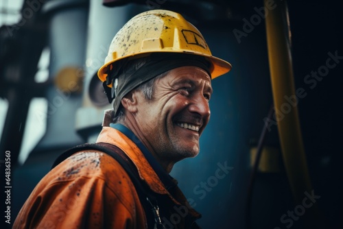 Smiling portrait of a middle aged male oilrig worker working on an oilrig on the pacific ocean