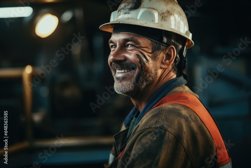 Smiling portrait of a middle aged male oilrig worker working on an oilrig on the pacific ocean