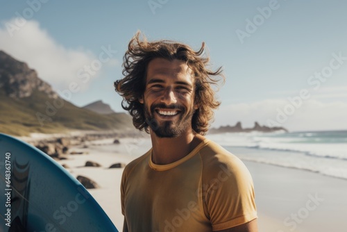 Smiling portrait of a happy male caucasian surfer in California on a beach