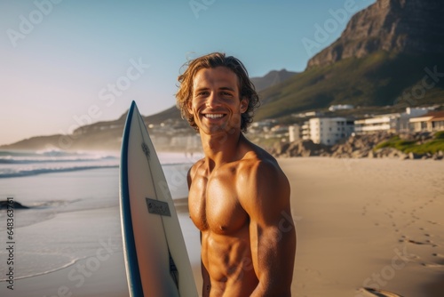 Smiling portrait of a happy male caucasian surfer in California on a beach