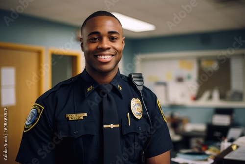 Smiling portrait of a happy male african american police officer in a police station in the USA photo