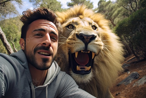 Young reckless man taking selfies shot with wild lion endangering himself. Man takes selfie with a big lion.