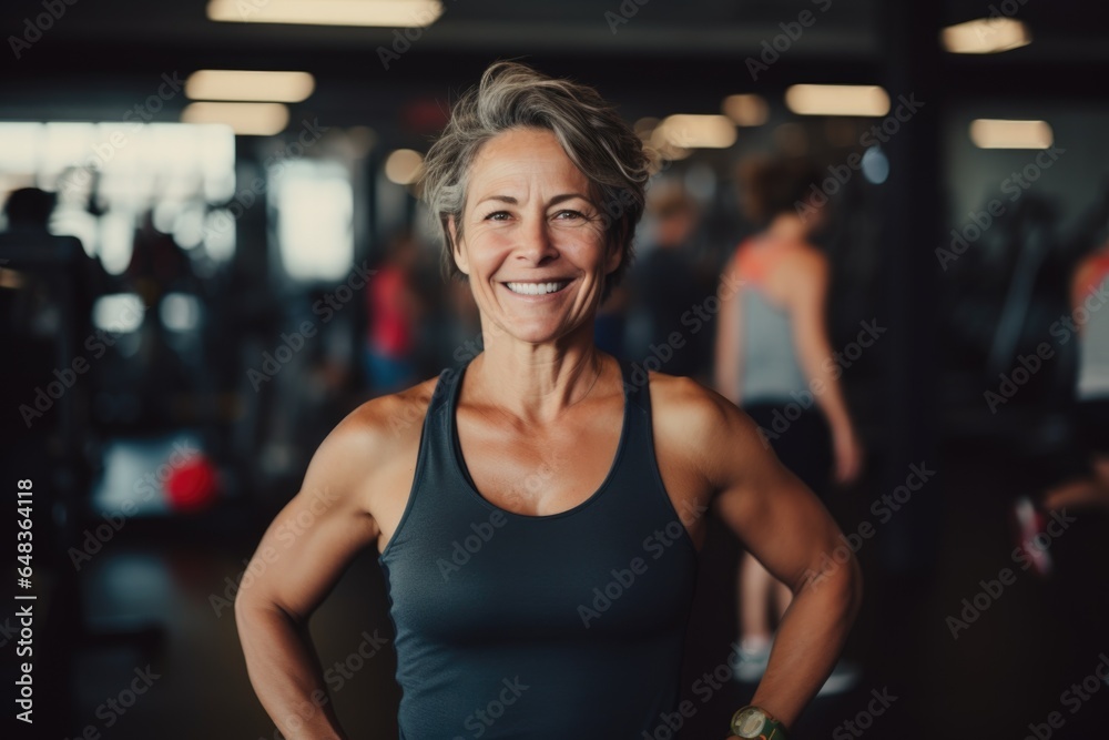 Smiling portrait of a happy senior caucasian body positive woman in an indoor gym