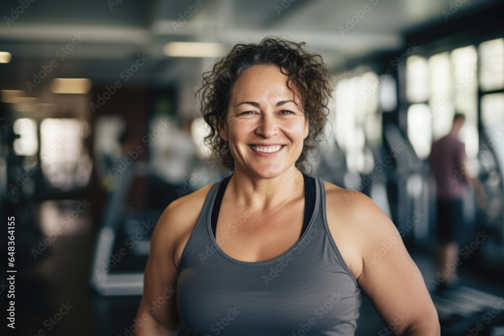 Smiling portrait of a happy senior caucasian body positive woman in an indoor gym