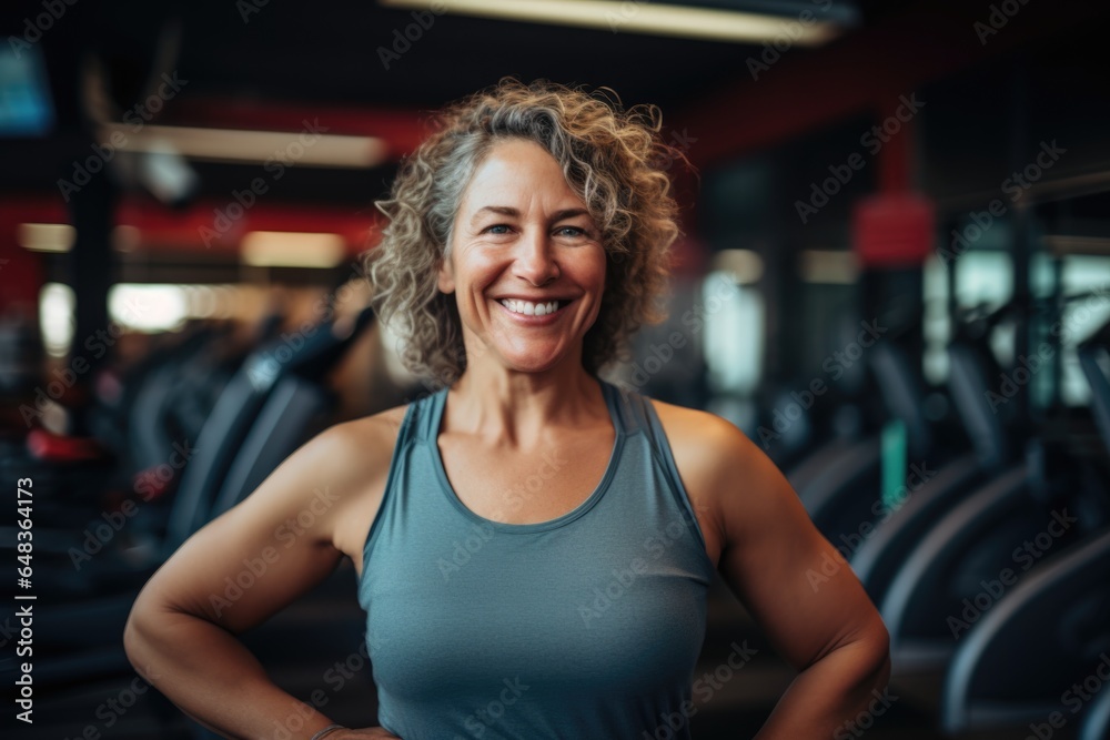 Smiling portrait of a happy senior caucasian body positive woman in an indoor gym Smiling portrait of a happy senior caucasian body positive woman in an indoor gym