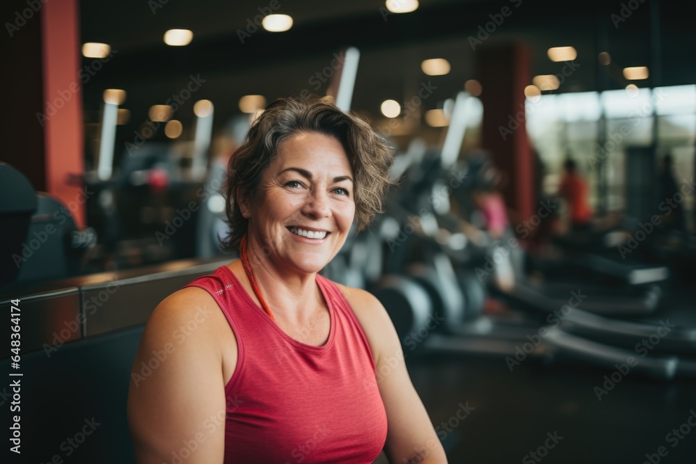 Fototapeta premium Smiling portrait of a happy senior caucasian body positive woman in an indoor gym