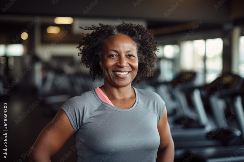 Smiling portrait of a happy african american body positive senior woman in an indoor gym