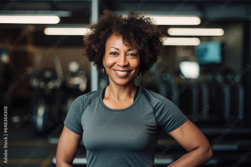 Smiling portrait of a happy african american body positive senior woman in an indoor gym Smiling portrait of a happy african american body positive senior woman in an indoor gym