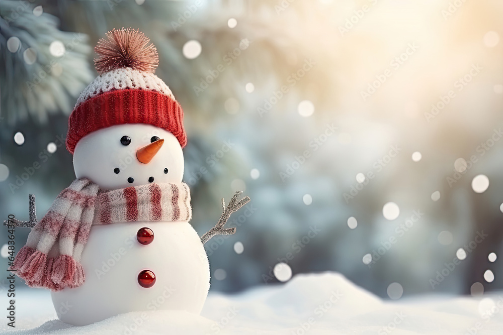 Cute small snowman with hat and scarf in a forest