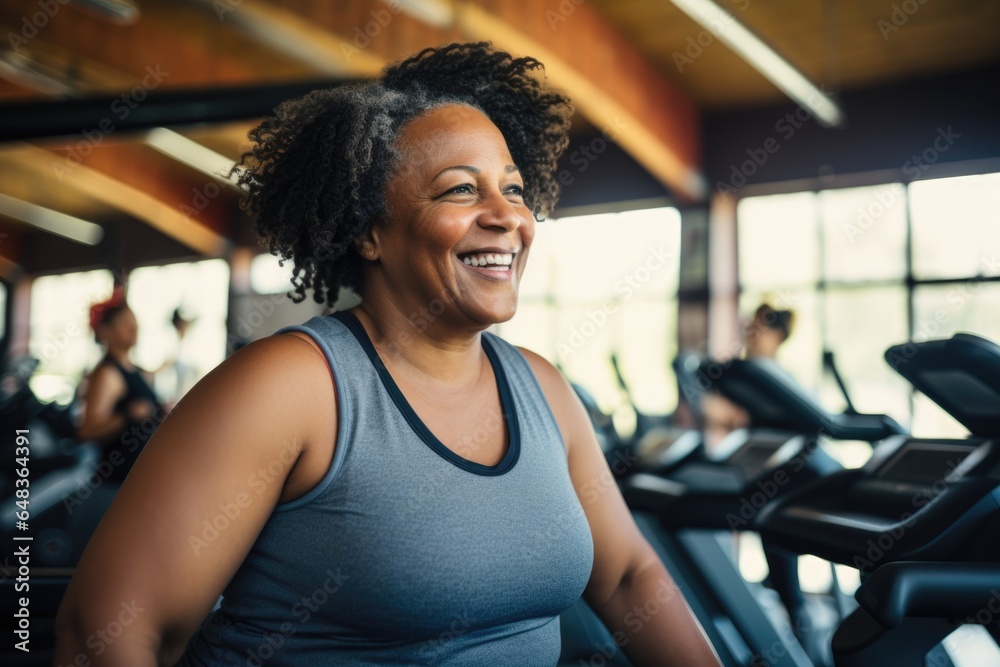 Smiling portrait of a happy african american body positive senior woman in an indoor gym Smiling portrait of a happy african american body positive senior woman in an indoor gym