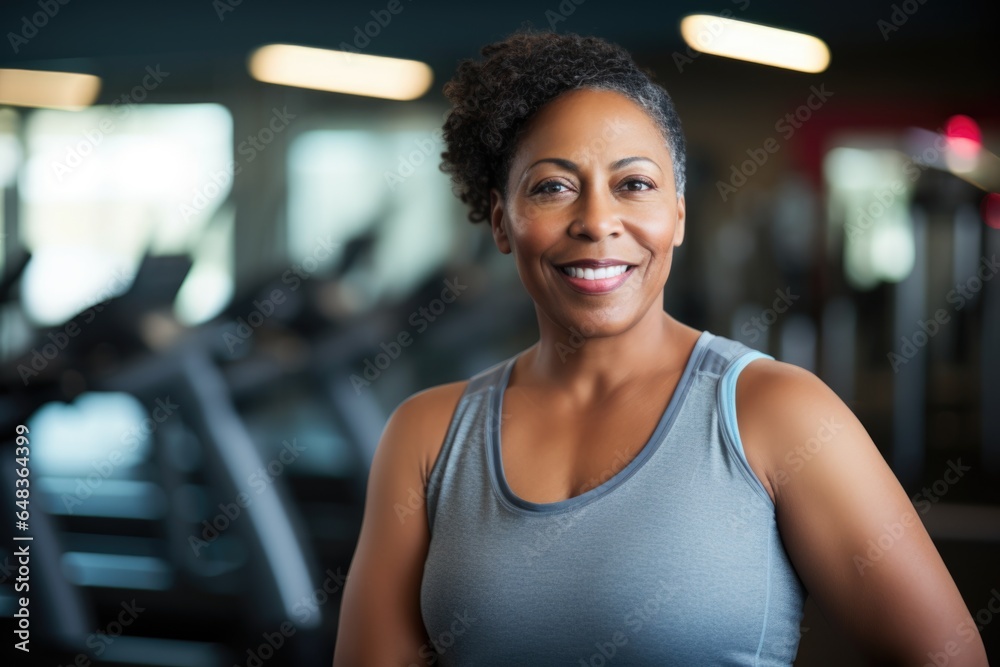 Smiling portrait of a happy african american body positive senior woman in an indoor gym Smiling portrait of a happy african american body positive senior woman in an indoor gym