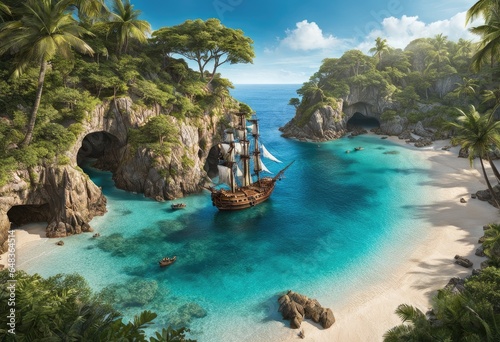 A pirate’s cove with treasure and ships