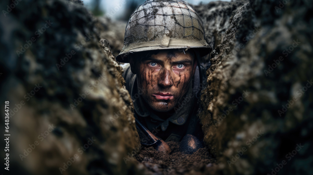 Tired soldier in a muddy World War trench, looking directly at the camera Tired soldier in a muddy World War trench, looking directly at the camera