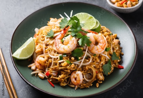 A plate of pad thai with shrimp