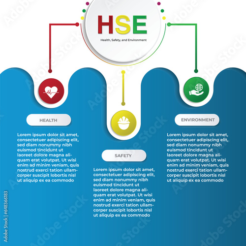 Vector infographic template with 3D paper labels. Health, Safety and environment or HSE concept with three options.