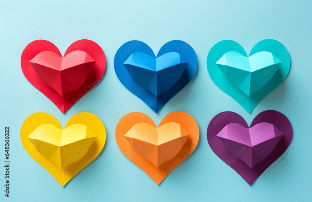 Photo of six colourful paper hearts arranged on a vibrant blue background created with Generative AI technology Photo of six colourful paper hearts arranged on a vibrant blue background created with Generative AI technology
