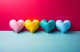 Photo of four coloured heart-shaped objects on a blue table against a pink background - created with Generative AI technology