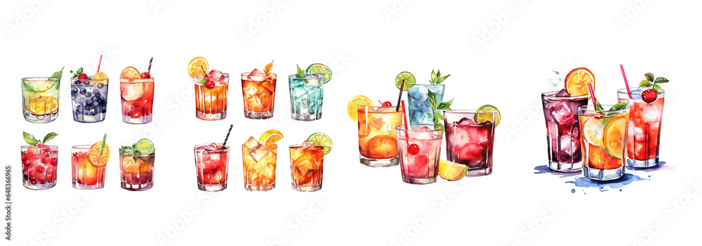 Watercolor cocktail drinks set on white background. Watercolor painting daily routine objects. Hand drawn colorful Sublimation design,white background