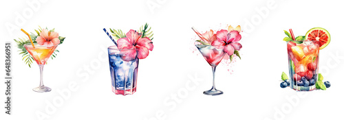 Watercolor cocktail drinks set on white background. Watercolor painting daily routine objects. Hand drawn colorful Sublimation design white background