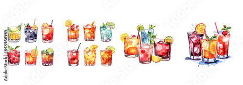 Fototapeta Naklejka Na Ścianę i Meble -  Watercolor cocktail drinks set on white background. Watercolor painting daily routine objects. Hand drawn colorful Sublimation design,white background