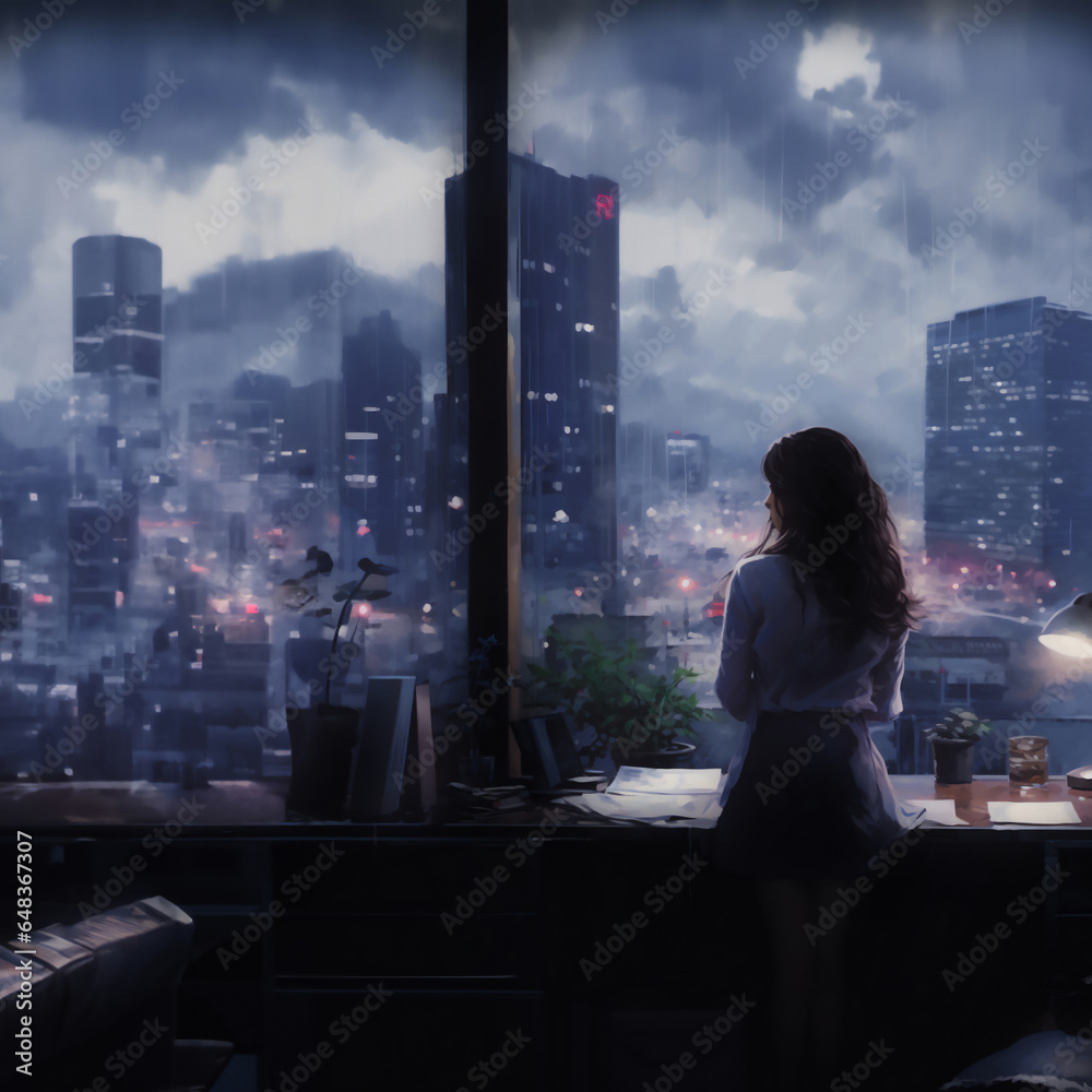 Fototapeta premium woman standing in the office looking outside the window, generated by A.I.