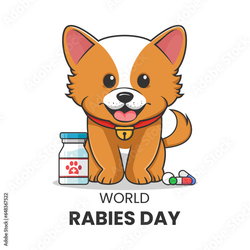 Vector graphic of cute dog sit with vaccine bottles, pills and capsules good for world rabies day design