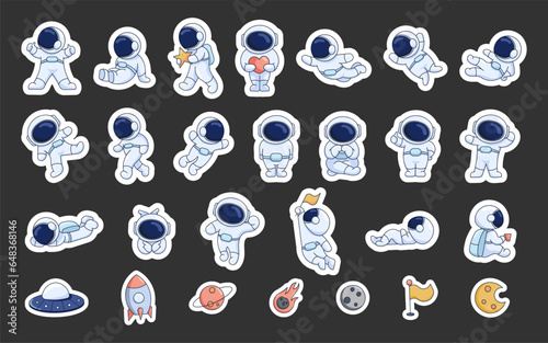 Cute astronaut in a spacesuit. Sticker Bookmark. Cartoon cosmonaut character. Science technology. Vector drawing. Collection of design elements.