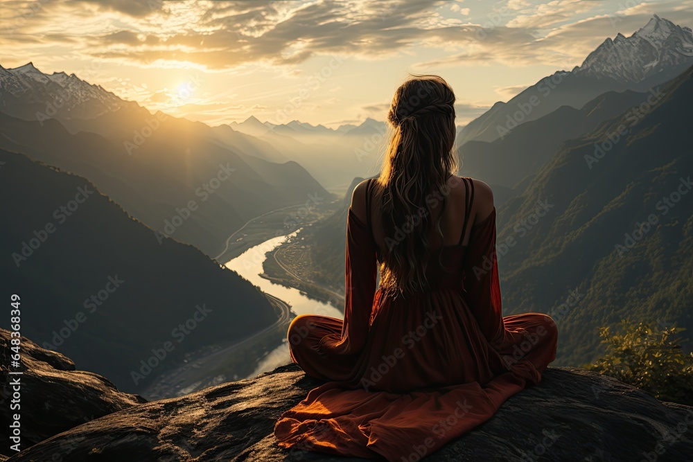 A young woman practicing yoga on a mountaintop with a magnificent view