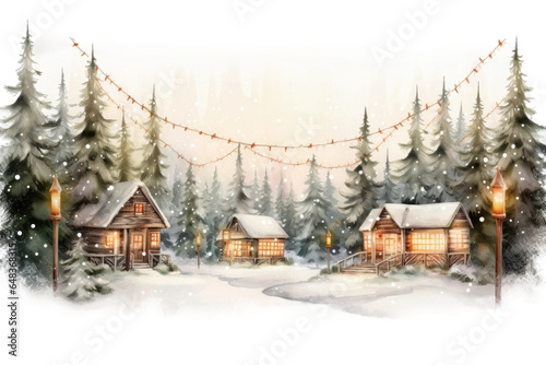 christmas lights outlining roofline of log cabin vintage illustration isolated on a transparent background, generative ai © Perfect PNG