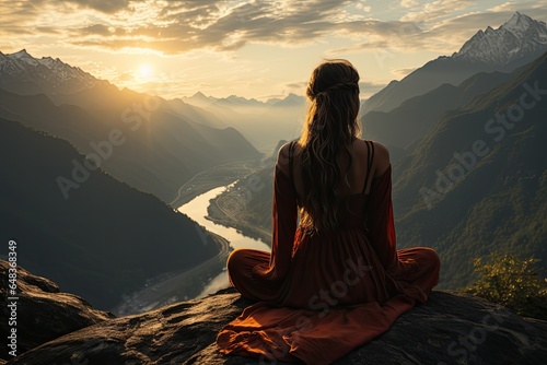 A young woman practicing yoga on a mountaintop with a magnificent view photo