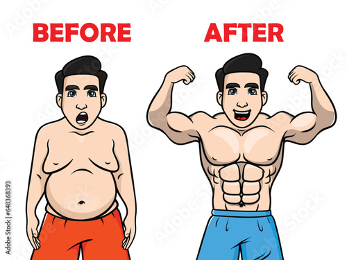 Fat and slim man, before and after Weight loss concept, vector muscular and chubby guy, Fat vs Slim, Stages of weight loss for men, Healthy vs unhealthy male cartoon, muscular and belly fat boy.