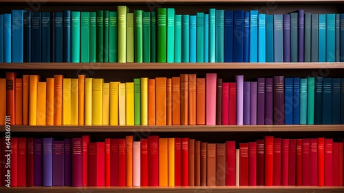 Bookshelf with multi colored books background. Beautiful colorful rainbow books on bookshelf . generative AI