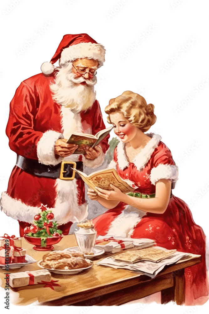 Santa reading christmas list while mrs claus bakes cookies vintage