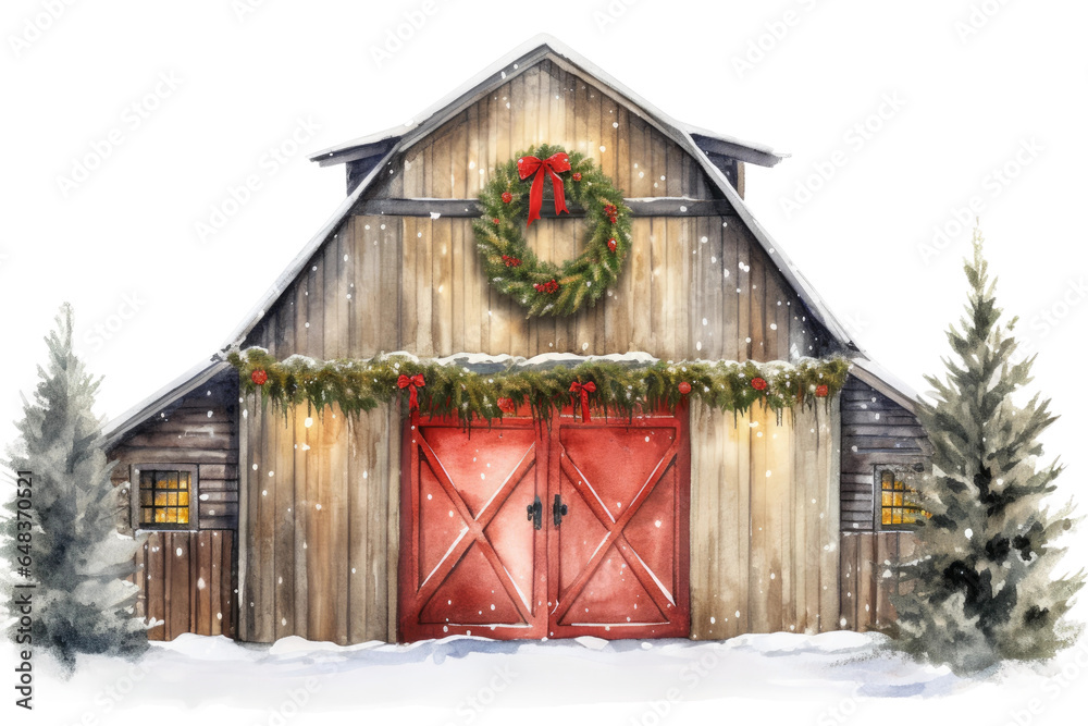 snowy barn with wreath on doors and lit christmas tree vintage illustration isolated on a transparent background, generative ai - obrazy, fototapety, plakaty 