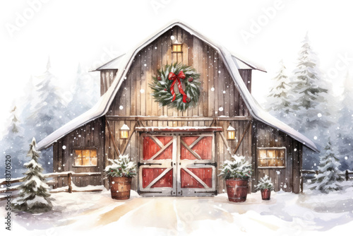 snowy barn with wreath on doors and lit christmas tree vintage illustration isolated on a transparent background, generative ai