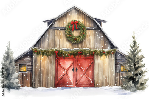 Murais de parede snowy barn with wreath on doors and lit christmas tree vintage illustration isol