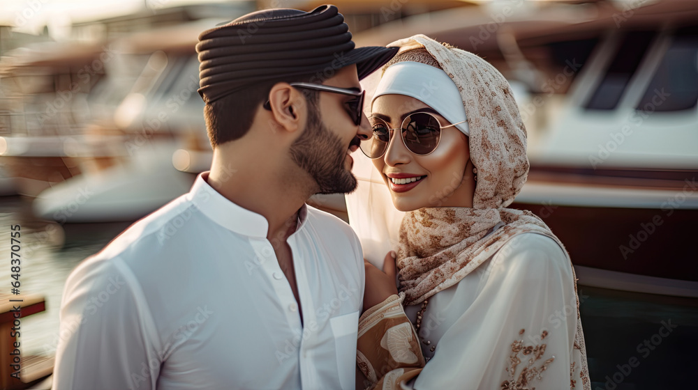 Arabic couple with traditional clothes dating outdoors, love story