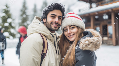 Arabic couple winter dating outdoors, love story