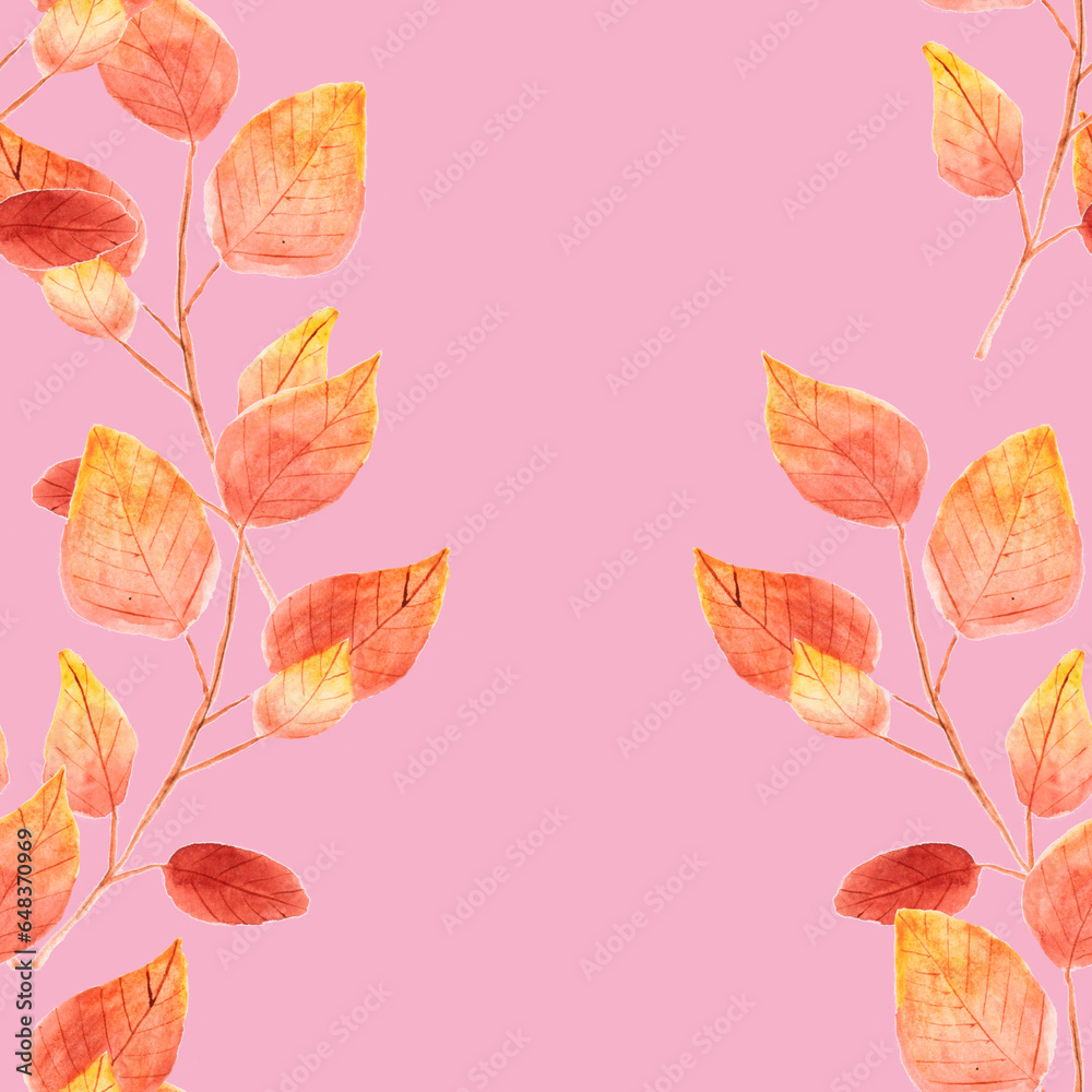 watercolor drawing, seamless pattern with yellow and brown leaves and twigs